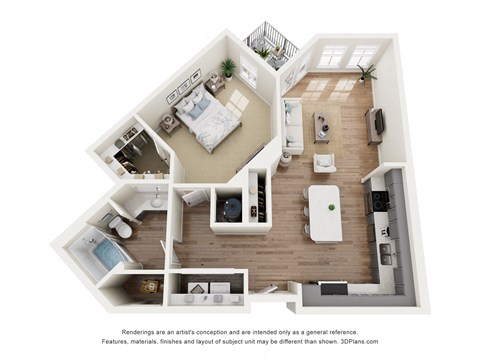 Floor plan for 1 bed, 1 bath, 844 sqft